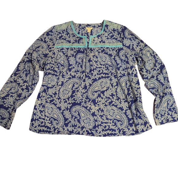 J. Crew Paisley Embroidered Top Peasant Pullover Size XL Cotton Blue White - Picture 1 of 7